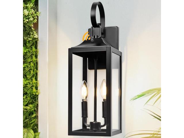 Black Dusk to Dawn Outdoor Wall Lantern 2-Light, 19' Large Outside Modern Porch Sconce Light Fixture, Industrial Porch Light Wall Mount with Glass,...