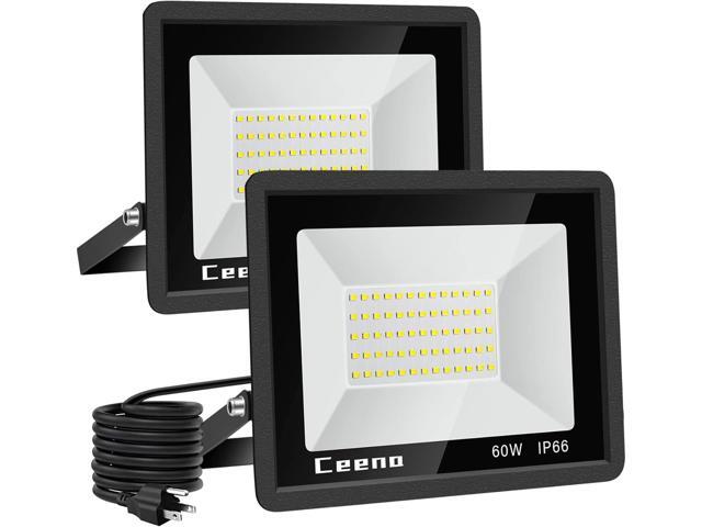 Ceena 2 Pack 60W Plug in LED Flood Light Outdoor, 6000lm Super Bright Floodlight with Switch and 5.9FT Wire, IP66 Waterproof 6000K LED Work Light.