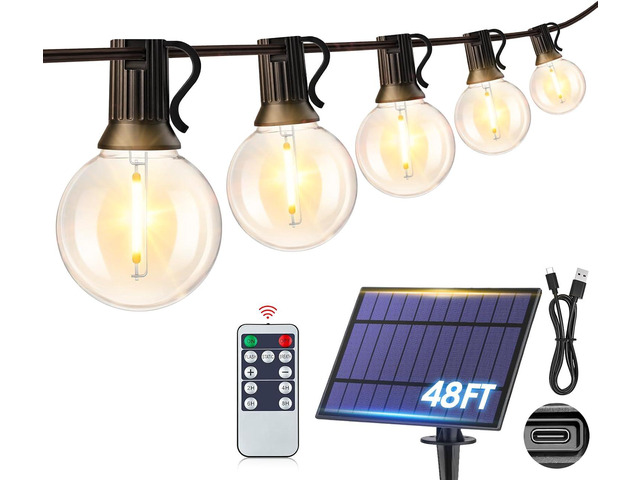 Mlambert 48FT Solar Powered String Lights, Outdoor Waterproof Patio Light with 15+1 Shatterproof LED G40 Bulbs, String Light for Backyard...