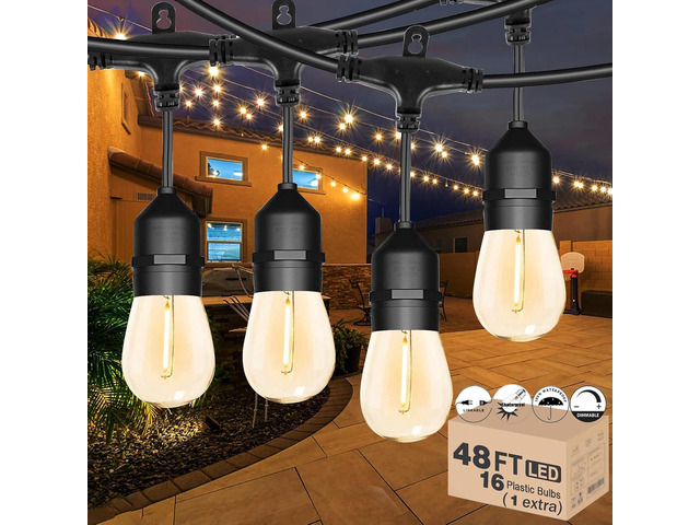 Outdoor String Lights for Outside 48FT with 15+1 2700K LED S14 Shatterproof Bulbs for Patio Back Yard Porch, Linkable