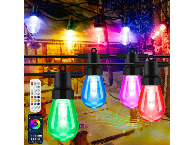 50ft Outdoor String Lights Color Changing - Patio Lights Outdoor Waterproof with 20 Dimmable RGBW Bulbs, Shatterproof, Music Mode, Connectable,...