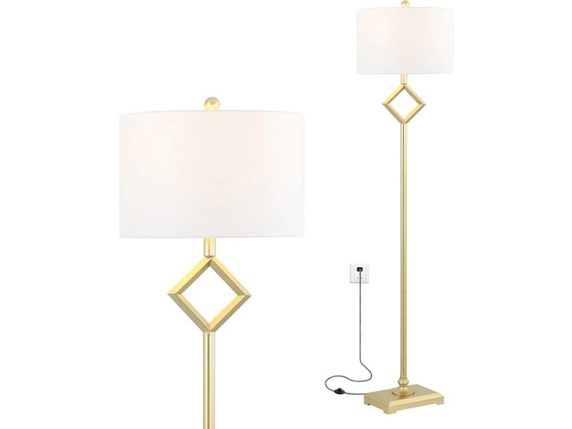 JONATHAN Y 62.5' Gold Transitional Glam Metal Floor Lamp, Geometric Iron Standing Light with White Linen Drum Shade for Living Room Bedroom, LED...