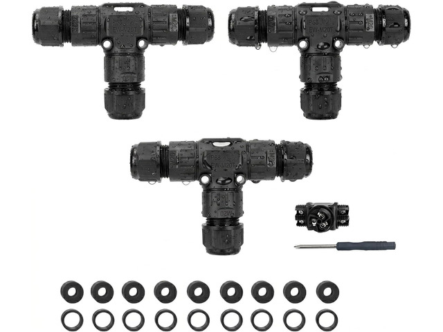 IP68 Waterproof Cable Connector 3-Pin 3 Way Junction Box Outdoor Electrical Wire Splice, For Garden Lights, Solar & LED Strip Lighting, Fits Ø...