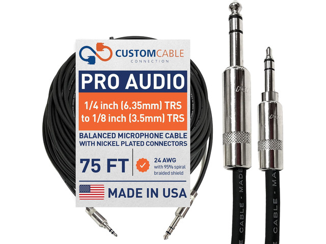 Custom Cable Connection 75 Foot Pro Audio 1/4 inch (6.35mm) TRS to 1/8 inch (3.5mm) TRS Balanced Cable