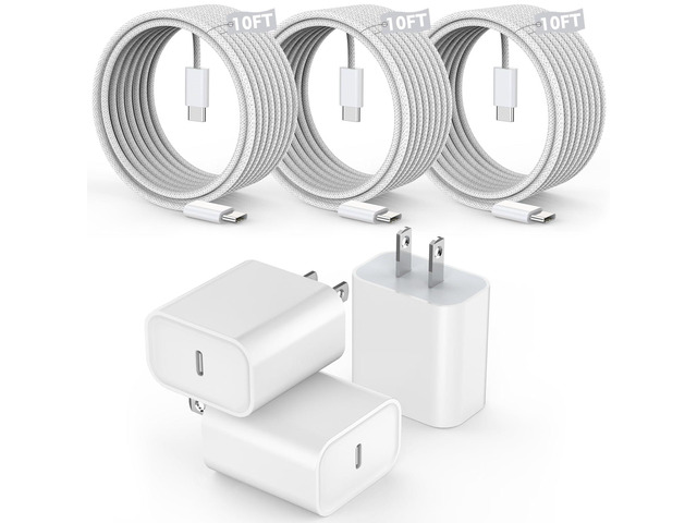 [3 Pack]Long 10FT iPhone 17 16e 15 Charger 20W Fast Wall Charger Block,10Foot USB C to C Braided Woven Cable Fast Charging for iPhone 17 Air/17...