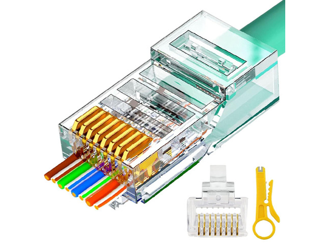 RJ45 Cat6 Cat5e Pass Through Connectors 100 Packs Gold Plated 3 Prong 8P8C Modular Ethernet UTP Network Cable Plug for Unshielded Twisted Pair...