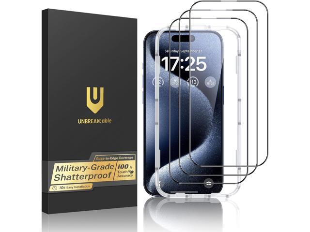 UNBREAKcable 3-Pack Screen Protector for iPhone 15 Pro Max, Double Shatterproof Tempered Glass [Easy Installation Frame] [HD Clear] [9H Hardness]...