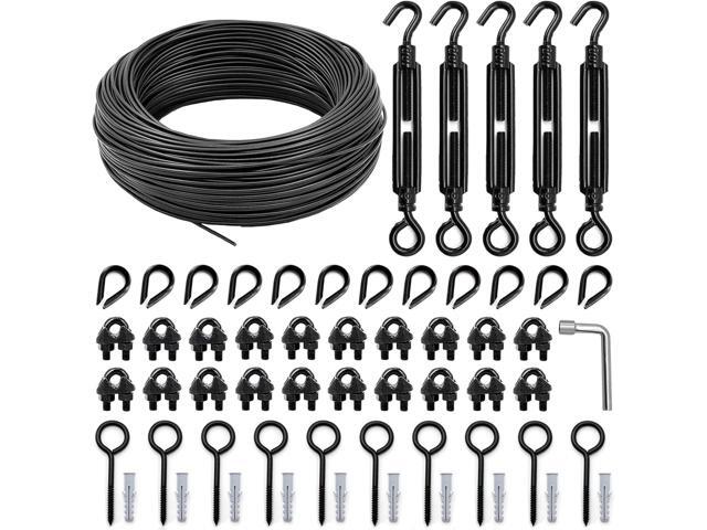 String Light Hanging Kit, All-Black Globe String Lights Suspension 100 ft PVC Coated Steel Cable with Various Black Accessories, Guide Wire for...