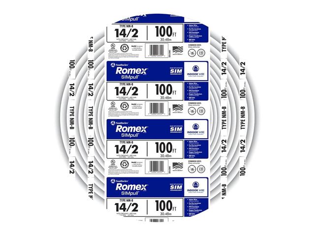 Southwire Romex Brand Simpull Solid Indoor 14/2 W/G NMB Cable 100ft Coil - SW# 28827423