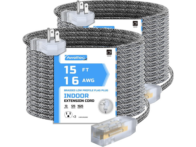 2 Pack Extension Cord 15 Ft,3 Outlet Braided Cable,16 Gauge Wire SPT-2, Multiple Outlets Tamper Guard,Outlet Saver,3 Polarized Outlets with Safety...