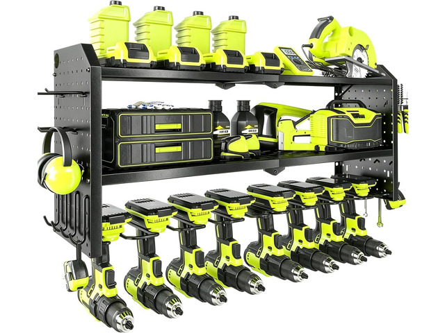 KAFAHOM Power Tool OrganizerLarge 8 Drill Holder Wall Mount Heavy Duty Metal Tool Shelf with 12 HooksStorage Rack for Garage OrganizationUtility...