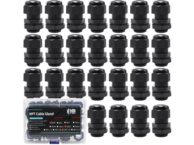 25-Pack 1/2' NPT Cable Glands, IP68 Waterproof Nylon PA66 Strain Relief Cord Grips, Adjustable Locknut for 6-12mm Wire, Electrical Conduit Fitting...