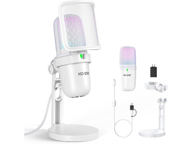 RGB USB Microphone, White Gaming Mic for PC, PS5, Laptop, Phone, Condenser Mic with Touch Mute, Pop Filter, Cardioid Pickup, Plug & Play for...
