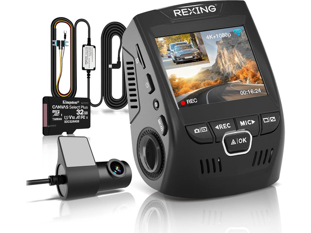 RexingUSA V1P 4K Dual Dash Cam, 4K+1080P Front & Rear, Wi-Fi, 2.4 LCD, 170° Wide Angle, Supercapacitor, G-Sensor, WDR, Loop Recording, App, 32GB...