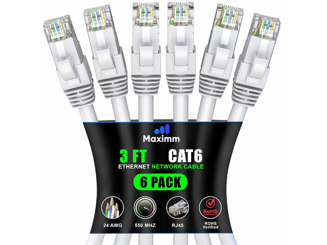 Maximm Cat6 Ethernet Cable Ft White (6-Pack), 10Gbps 550MHz UTP Cord