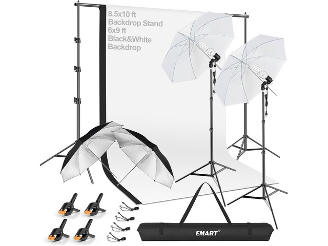 EMART Photography Lighting Kit with 8.5x10FT Photo Backdrop Stand System & Photography Umbrella, 5500K 45W CFL Bulb, Black/White Muslin Backdrop,...