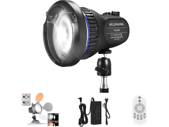 WELLMAKING 40W Portable LED Light CRI97+ 5600K Daylight for Video Fresnel lens, LCD screen, barndoors, Bowens mount, dimmable output, AC/DC power...