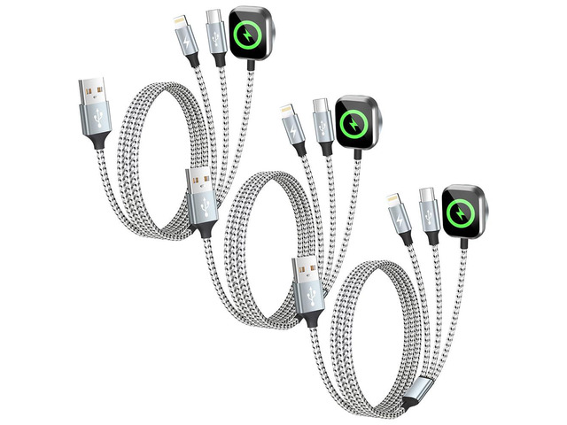 Travel Essentials 3in1 Multi Charging Cable for iPhone Watch Charger 3PK5FT USB A to Type C/IP/iWatch Charger, Charging Cords for Multiple...