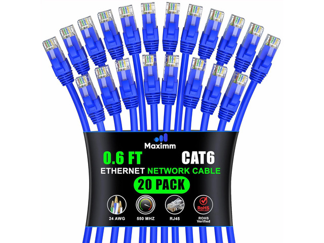 Maximm Cat6 Ethernet Cable 0.6 Ft Blue (20-Pack), 10Gbps 550MHz UTP Cord