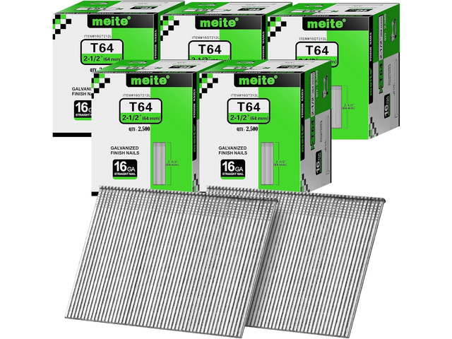 meite 16 Gauge Finish Nails 2-1/2 Inch Galvanized Straight Nails 12,500PCS Fits Pneumatic Cordless Finish Nailers, Rust-Resistant, Small Head...