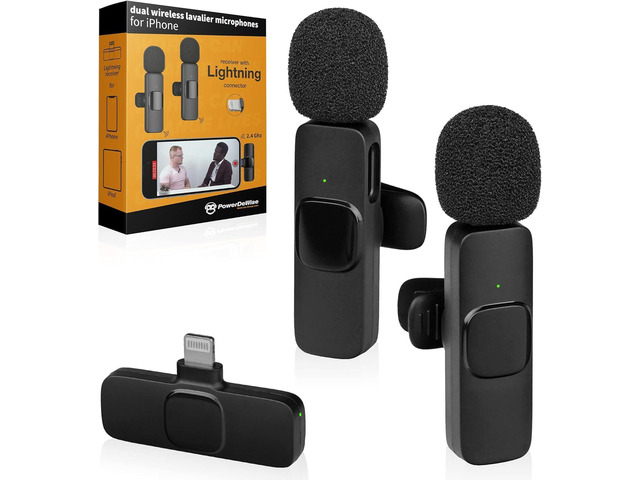 PowerDeWise Professional Wireless Lavalier Lapel Microphone for iPhone, iPad - Dual Omnidirectional Condenser Recording Mic for Interview Video...
