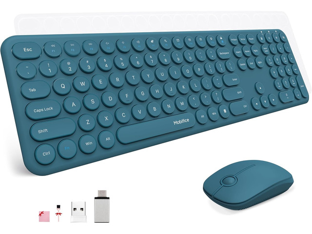 Wireless Keyboard and Mouse Combo, Ultra-Thin 2.4GHz USB Cordless Plug and Play Full Size Silent Retro Slim Cute Blue Keyboard Mouse Set for Home...