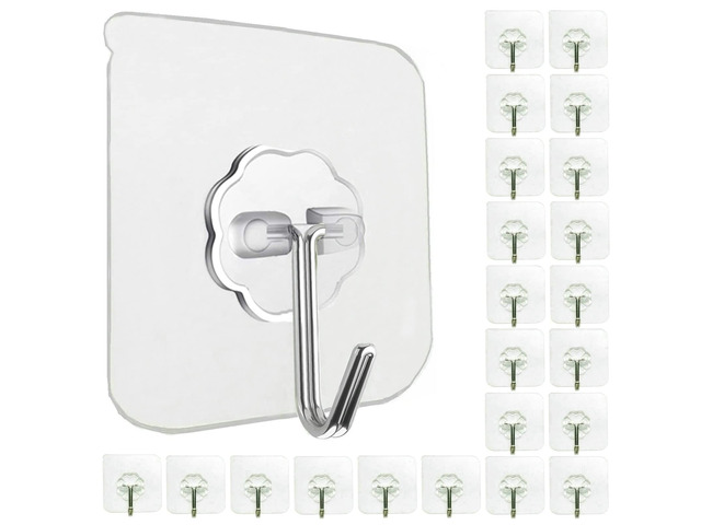 24 Pack Adhesive Wall Hooks 33LB Heavy Duty No Drill Clear Sticky Hooks Transparent, Waterproof, Self Adhesive, 33lbs Max Load No Damage, For...