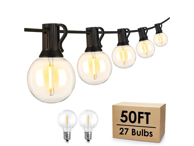 50Ft LED Outdoor String Lights G40 Globe Dimmable Patio Light, Waterproof Hanging String Light with 27 Warm White Shatterproof Bulbs(2 Spare)