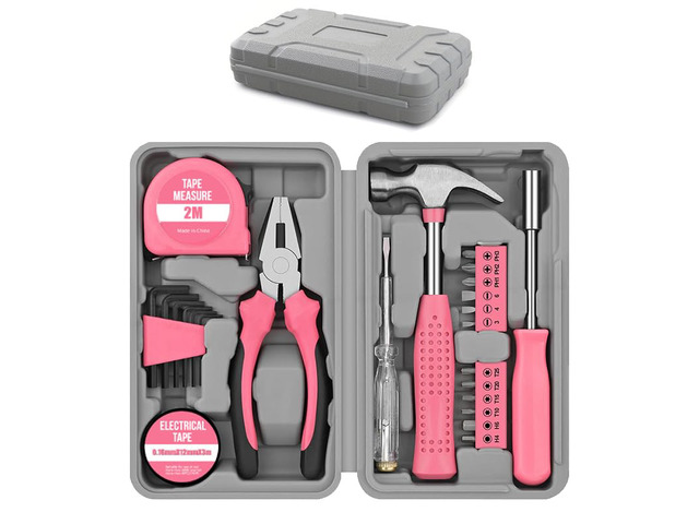 24Pcs Pink Home Repair Tool Kit for Women - Compact Mini Starter Hardware Set with Hammer, Pliers, Screwdrivers - Portable Household Hand Tools,...