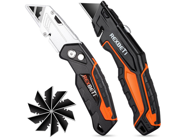Box Cutter 2-Pack, Utility Knife with Blade Storage, 18 Blades Folding Utility Knife with Push Button, Retractable Box Cutter with Auto-Lock, SK5...