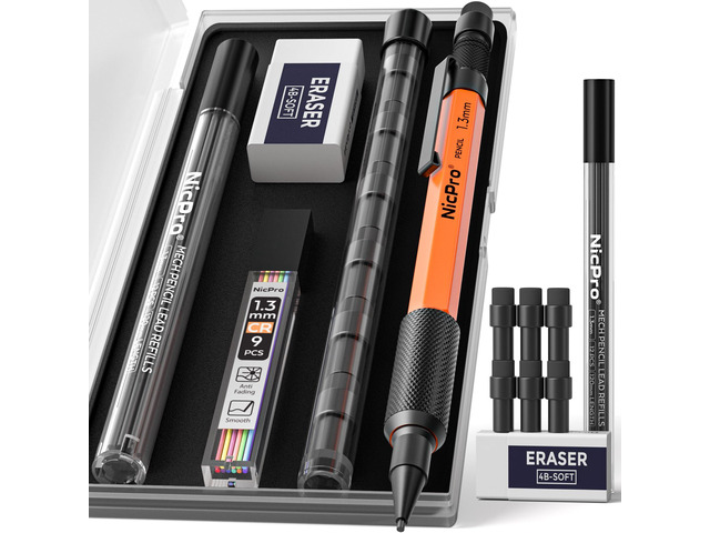 MP2000 1.3mm Metal Mechanical Pencil Set with Case (Orange) Black & Color Lead Refill, Eraser, Weatherproof Heavy Duty Carpenter Pencil for Outdoor...