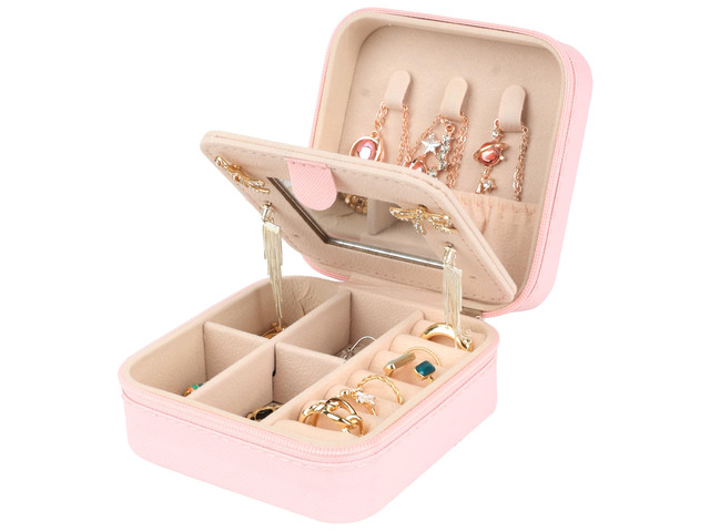 Jewelry Case,Small Jewelry Box Organizer with Mirror,3.9x3.9In,Pink Portable Jewelry Earring,Necklace,Ring,Bracelets Box,Organizer,Storage,Case
