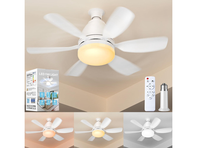 Socket Fan Light with Remote, 20'' 30W Dimmable LED 3 Colors 3000K-6500K, 6 Speed Wind Small Ceiling Fan with Light, Screw in Light Bulb Fan for...