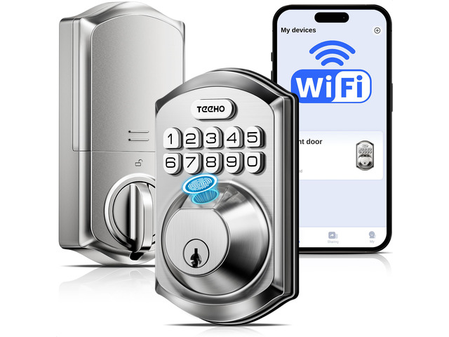TE012W WiFi Fingerprint Smart Door Lock for Front Door, Satin Nickle App Remote Unlock, Fast Fingerprint, ANSI Grade 3 Security, IP55 Waterproof,...