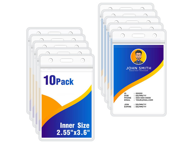 10Pack Vertical ID Badge Holder - Extra Thick Clear ID Card Holder with Waterproof Resealable Zip - Name Tag Holder for Nurses, Office and School