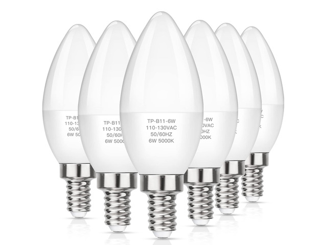 LED E12 Candelabra Light Bulbs 60W Equivalent, 6W B11 Candle Base, 600 Lumen Chandelier Bulb, Cool Daylight White 6500K, Non-Dimmable, Pack of 6