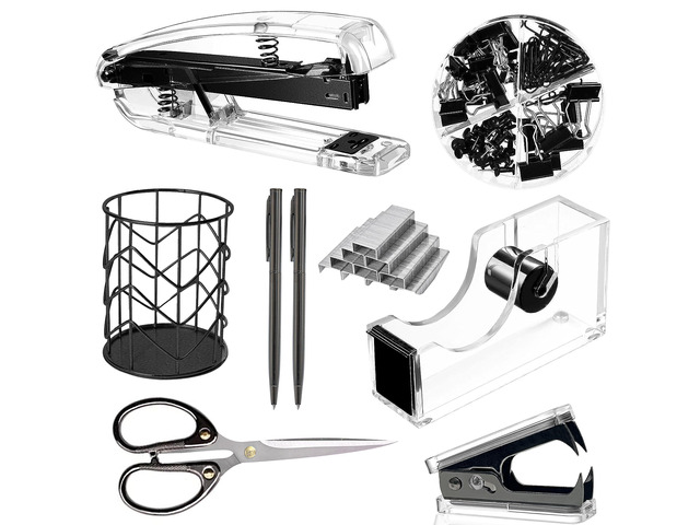 Office Desk AccessoriesOffice Supplies Set Acrylic Stapler Set Staple Remover, Tape Holder, Pen Holder, 2 Ballpoint Pen, Scissor, Binder Clips,...