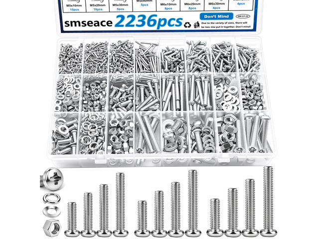 2236Pcs Metric Screws Assortment Kit 35-Sizes M2/M3/M4/M5/M6 Nut Bolt Washer Assortment Kit for Machinery, Furniture, Automotive, Motorcycle...
