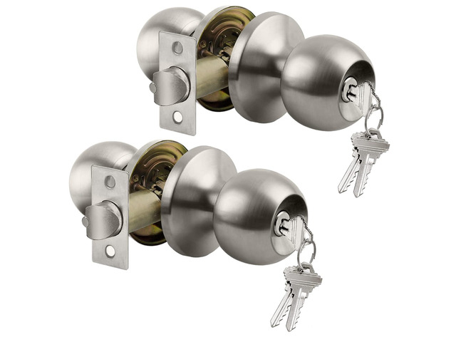 2 Pack Keyed Differen Entry Door Knob with Lock, Satin Nickel Easy Install, Heavy Duty Handle for Exterior Door and Front Door, Standard Ball