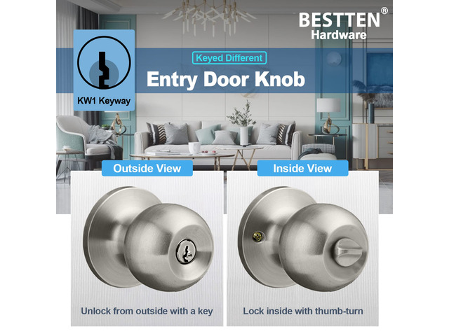 5 Pack Door Knob with Lock and Key, Keyed Different, Satin Nickel Entry Door Knob, for Entrance and Front Door