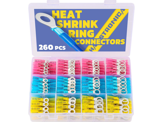 260PCS Heat Shrink Ring Terminals, 22-10 AWG, 3 Colors 4 Sizes Battery and Ground Stud Connections, 0.7 mm Ring Tongues, #10, 1/4 in, 5/16 in, 3/8...