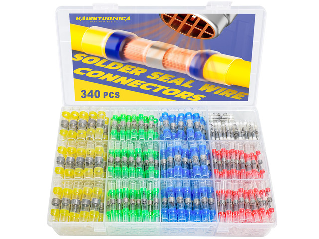 340PCS Solder Seal Wire Connectors Kit, 5 Colors/5 Sizes 26-10 AWG, Wire Gauge Markings, Clear Sleeves, Hot-Melt Adhesive Rings, Compartment...