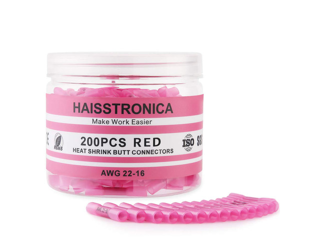 200PCS Heat Shrink Butt Connectors, 22-16 AWG Red 3:1 adhesive-lined heat shrink, built-in wire stop, single-size pack for automotive, trailer, and...