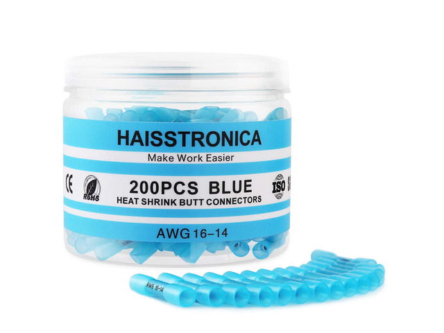 200PCS Heat Shrink Butt Connectors, 16-14 AWG Blue 3:1 adhesive-lined heat shrink, built-in wire stop, single-size pack for automotive, trailer,...