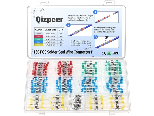 160 Pcs Solder Seal Wire Connectors Kit, Electrical Connectors Heat Shrink Wire Connectors Waterproof Electrical Cable Butt Terminals for Marine...