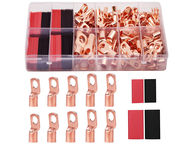 160Pcs Copper Wire Lugs AWG2 4 6 8 10 12 with Heat Shrink Set, 80Pcs Battery Cable Ends Ring Terminals Connectors Tubing Assortment Kit