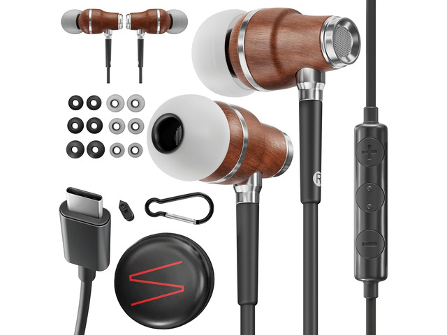 Premium Wooden Wired Earbuds with Microphone (USB C/Type C) Compatible with iPhone 17, 16, 15, Air / iPad Pro, Air, Mini, 10+ / MacBook / Galaxy...