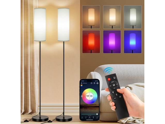 2 Pack Floor Lamps for Living Room, 9W 800LM Bulbs White Shade Music Sync Light, App & Remote Control, Dimmable & Adjustable Color Temperature...