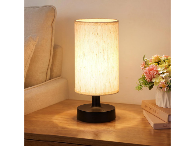 Small Cordless Table Lamp with 4000mAh Rechargeable Battery, Black, 1 Pack Touch Stepless Dimming, 3000K Warm Light, Beige Fabric Shade, for...