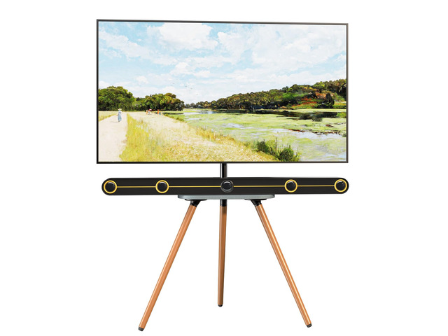 Easel TV-Stand for 43-65 TVs - Tripod, Swivel, Portable, Black Walnut Height Adjustable, Wooden Tray, Max VESA 400x400mm, for living room, corner...